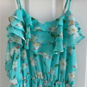 UMGEE Women’s Small Spaghetti Strap Floral Ruffle Mini Dress in Teal